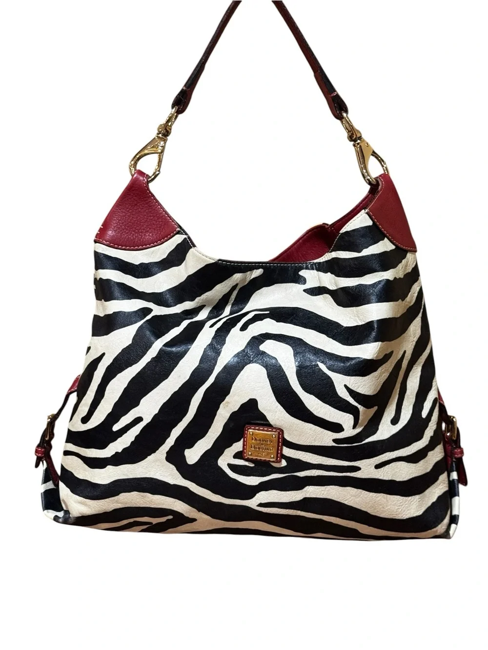 Dooney & Bourke Black and White Zebra Print Hobo with Burgundy Trim